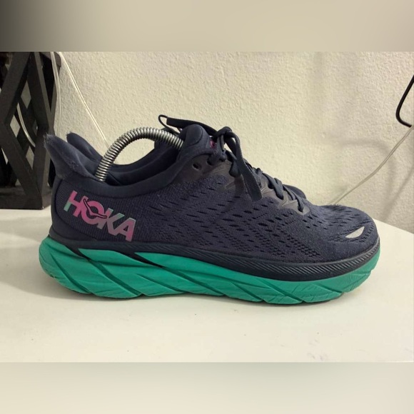 Hoka clifton 8 Women's Navy and Aqua Athletic Shoes - Picture 2 of 7